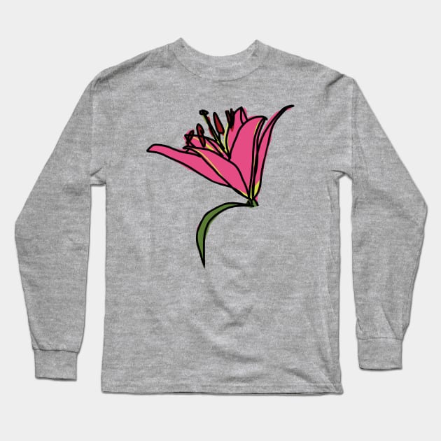 Digital Painting of a Pink Lily Flower Long Sleeve T-Shirt by ellenhenryart